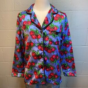 Betsey Johnson Cherry Print Pajama Top Shirt Button Down Satin Purple S